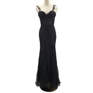 FORMAL SZ 2 XS Black embroidered lace up corset prom party mermaid maxi B101